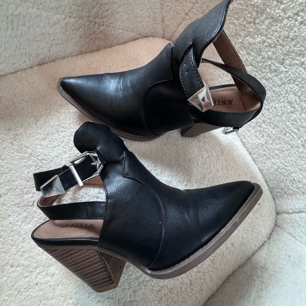 JustFab Black Heeled Boots with Silver Buckle